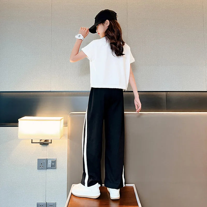 2025 summer autumn Girls clothes children set Kids loose t-shirt top and bottom striped wide leg pant 4 8 10 14 15 years teens