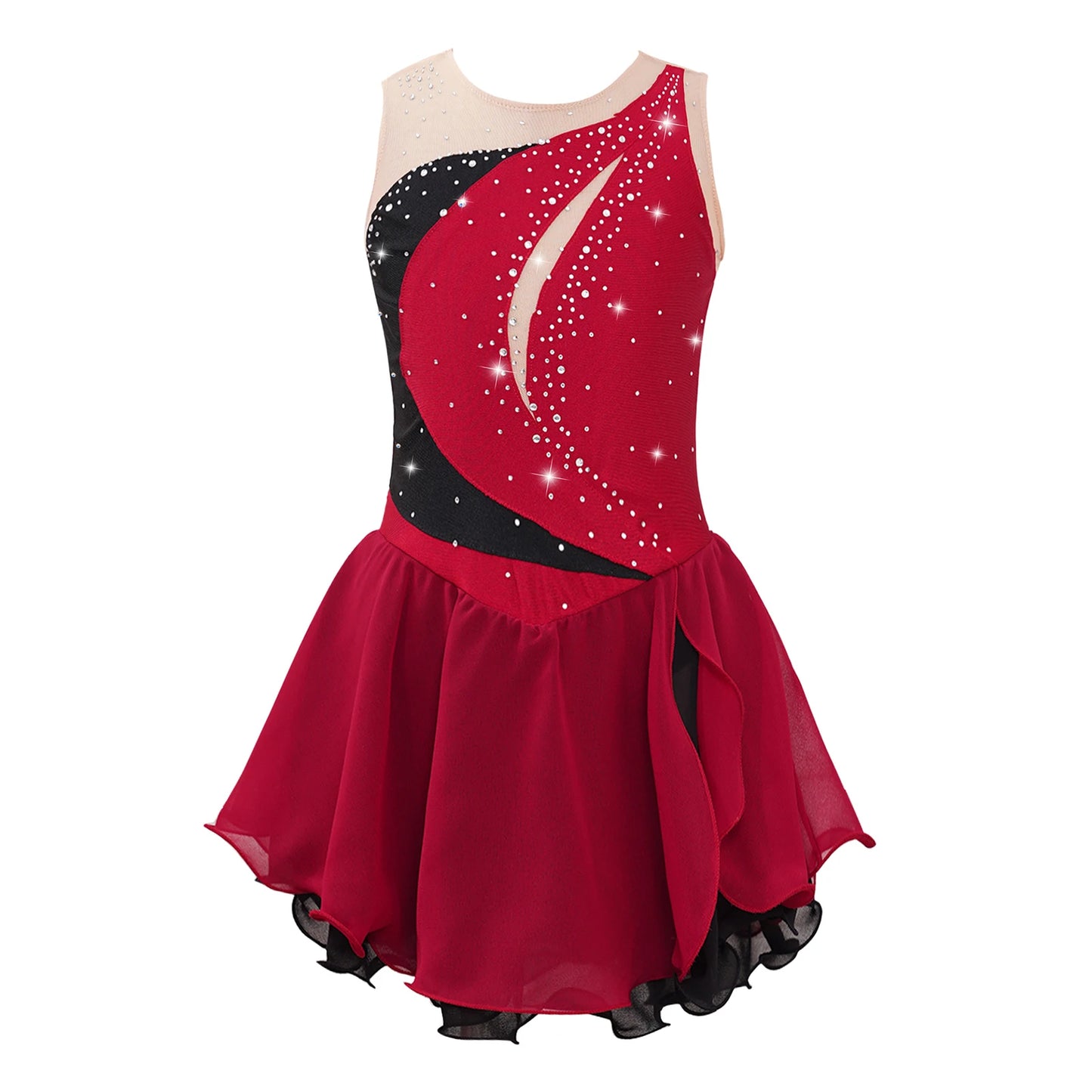Girls Sleeveless Chiffon Figure Skating Dress Shiny Rhinestone Ballet Gymnastics Dance Leotard Performance Competition Costume