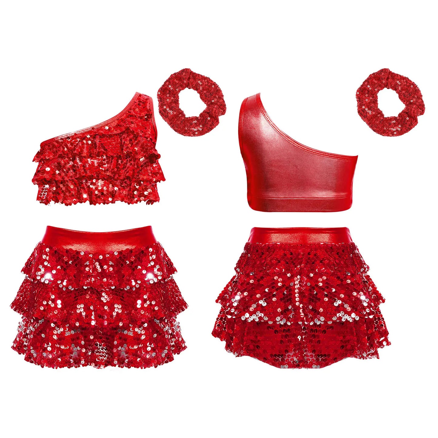 Kids Girls Shiny Sequined Modern Latin Jazz Dance Costume Outfits Single Shoulder Crop Top+Tiered Ruffle Skirted Shorts+Headwear