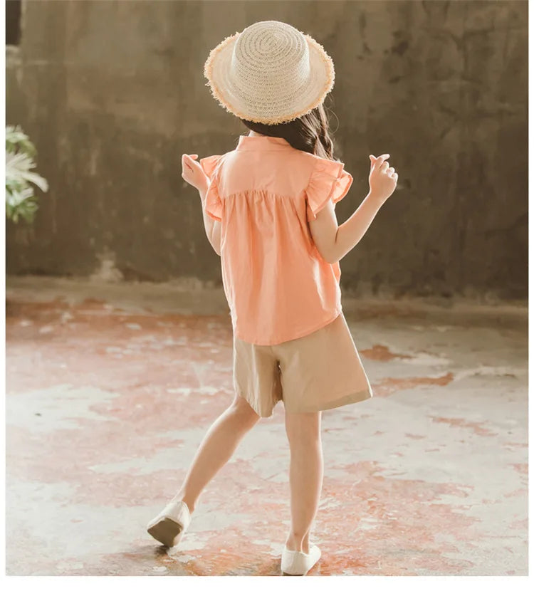 2025 new teenager Summer Kids Girls clothes Flying Sleeve blouse Shirt + short Leisure loose Pants teens 7 8 9 11 12 13 14 years