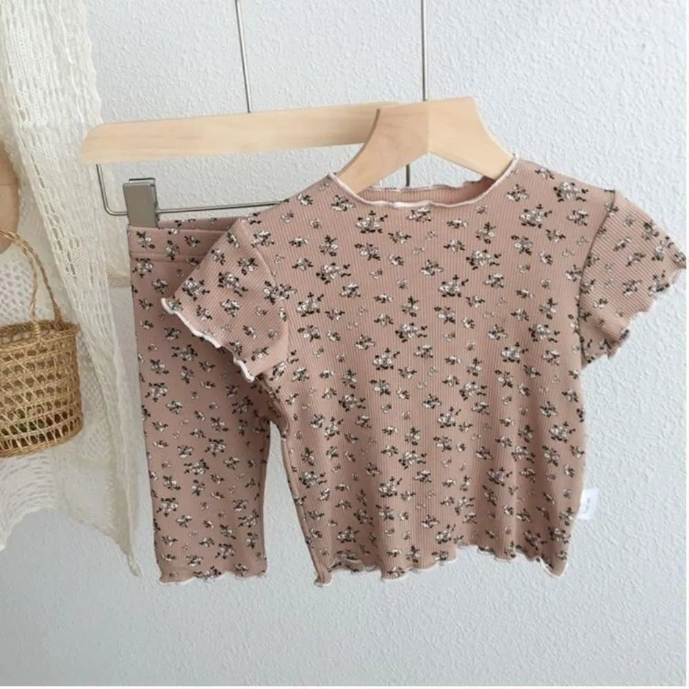 Bear Leader Summer Fashion New Short Sleeve Round Neck Flower Printed T-shirt Top+Pants 2 Piece Set Kids Casual Home Clothes