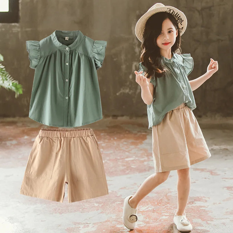 2025 new teenager Summer Kids Girls clothes Flying Sleeve blouse Shirt + short Leisure loose Pants teens 7 8 9 11 12 13 14 years