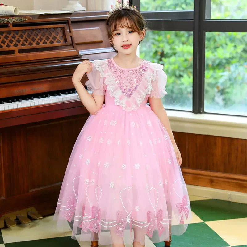 Teen Girls Mesh Dress Summer Princess Tulle Tutu Gown New Children Print Bow Short-sleeve Clothes Kids Birthday A-Line Dresses