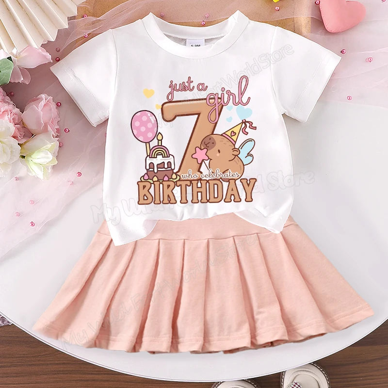 Capybara Birthday Girl Clothes Set Pleated Skirt Number T Shirt 2pcs Toddler Short Sleeve Tee Outfits Kids Clothing Dress Suit