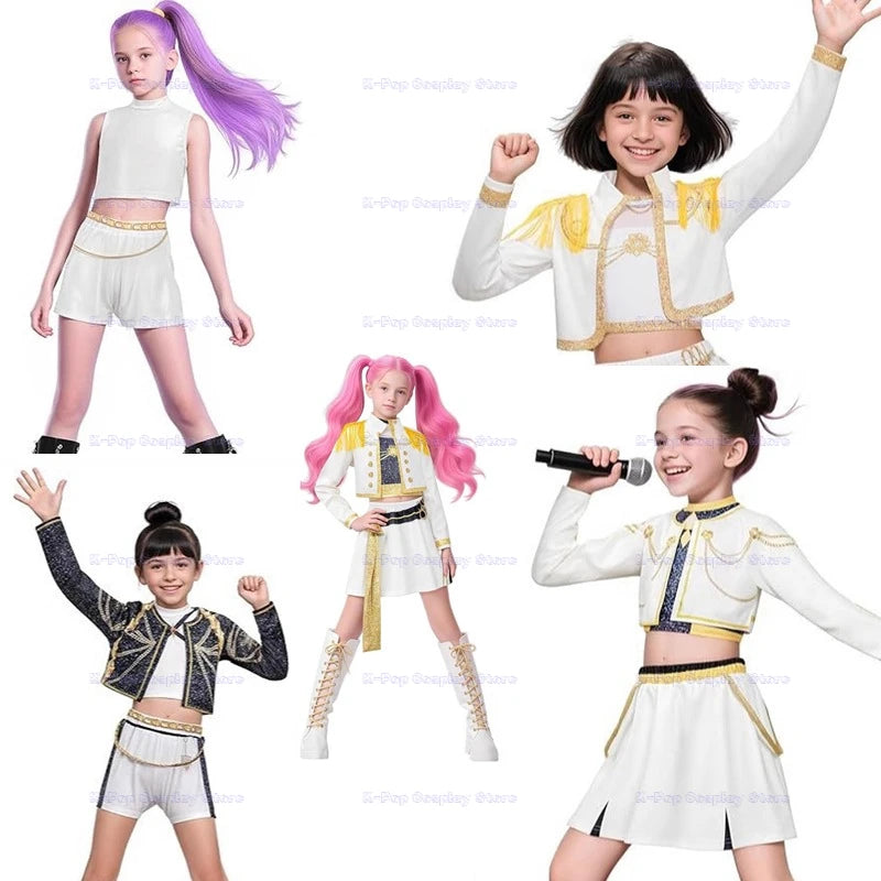 ‌‌‌Anime Kpop Demon Hunter Cosplay Rumi Zoey Mira Cosplay Full Suit Kids Girls Style Kids Stage Performance Clothes Halloween