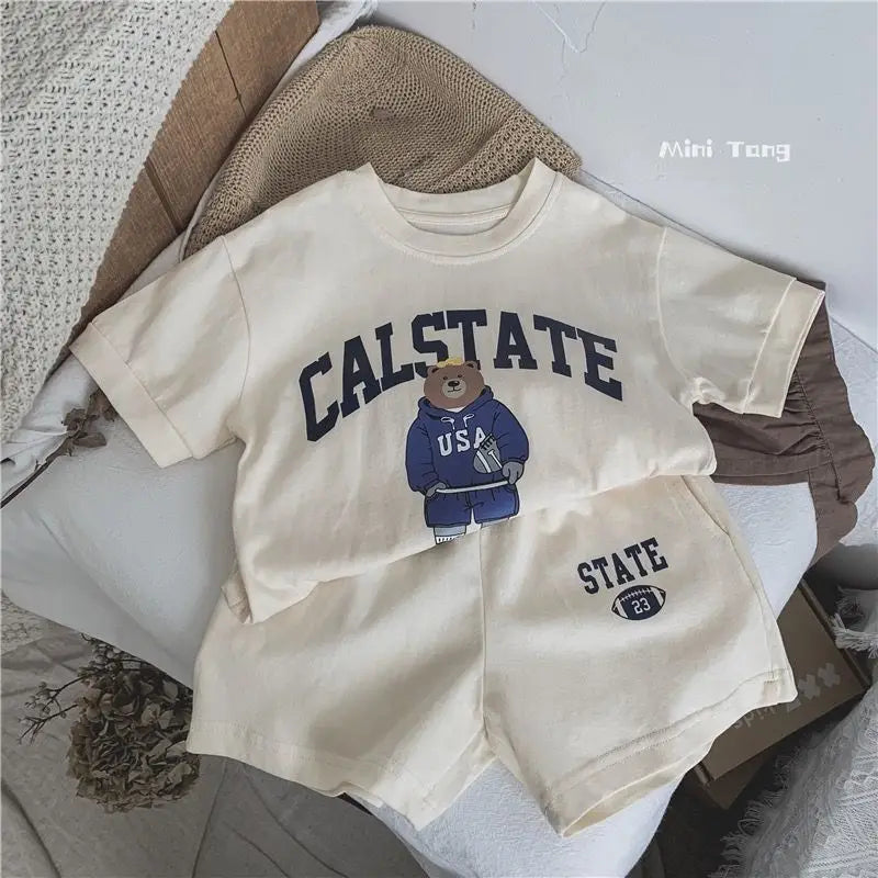 Summer Toddler Baby Girl Solid Cotton Clothes Short Sleeve Cartoon Bear Printed T-shirts and Shorts 2pcs Set Kid Boy Tracksuits