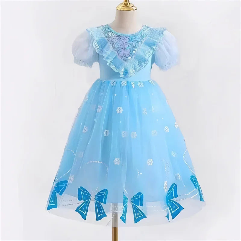 Teen Girls Mesh Dress Summer Princess Tulle Tutu Gown New Children Print Bow Short-sleeve Clothes Kids Birthday A-Line Dresses
