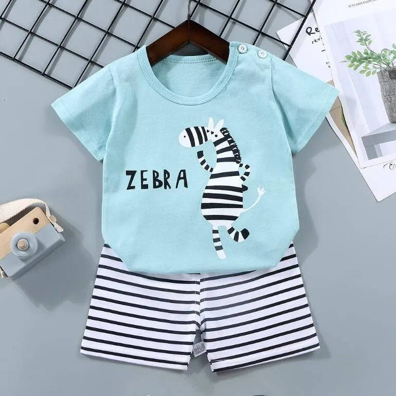1-6 Years Kids Summer Tees+Stripe Shorts 2-piece Clothes Set Pajama Cotton Underwear Cartoon Zebra Dinosaur Print Sleepwear Suit