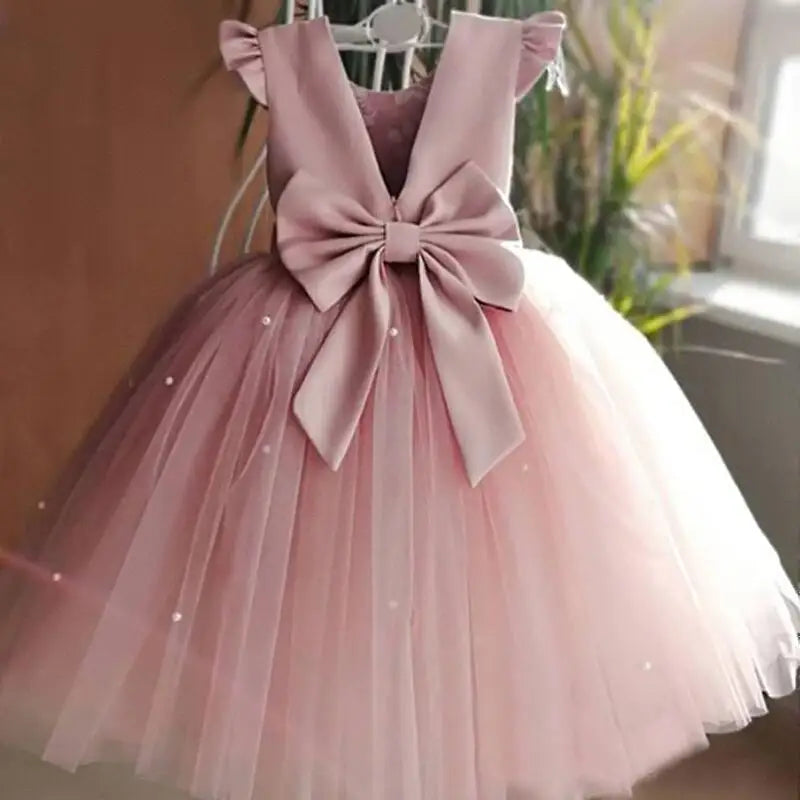 Toddler Girl Flower Birthday Tulle Dress Backless Bow Wedding Gown 1-8Y Kids Party Wear Princess Dress Baby Girl Bowknot Dresses