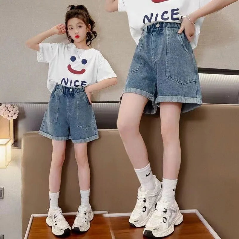 2025 Summer Teen Girls Denim Shorts Clothes New Arrival Kids Child Elastic Waist Fashion Pocket Design Shorts Age 5-14 Years Old