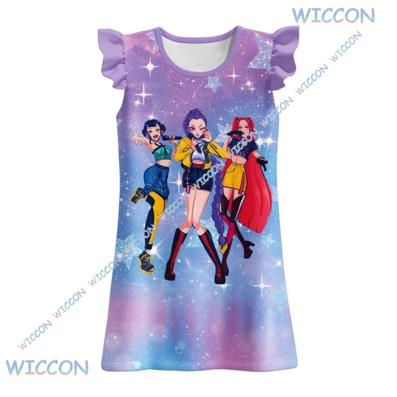 [MAGCOS]KPop Demon Hunters Clothes Kids New Summer Short Sleeve Dress Toddler Girls Casual Dresses Children Cartoon Nightgowns S