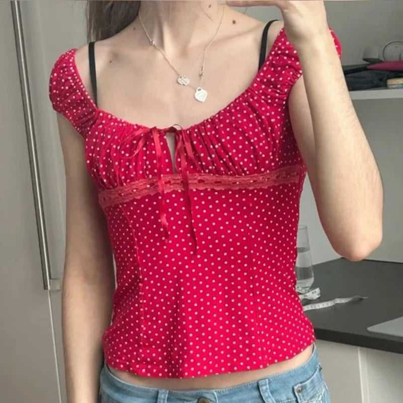 Polka Dot Milkmaid Baby Tees Coquette Vintage Cap Sleeve Crop Tops Teen Girl 2000s Retro Cute Suqare Collar T-shirt Y2k Clothes