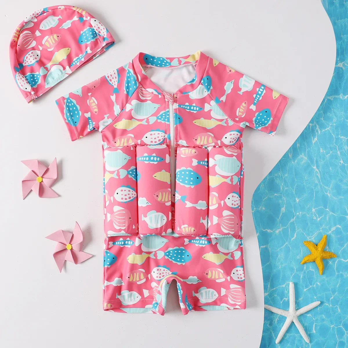 Children's Buoyancy Swimsuit Cartoon Print Swimwear Kid One-Piece Floating Rash Guards Bathing Clothes Boys Girls Swimming Suits