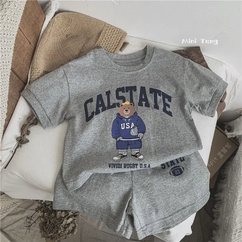 Summer Toddler Baby Girl Solid Cotton Clothes Short Sleeve Cartoon Bear Printed T-shirts and Shorts 2pcs Set Kid Boy Tracksuits