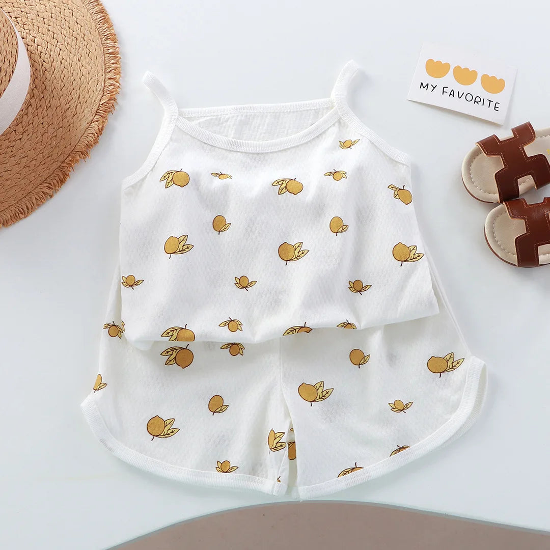 Girls Summer Clothes Sets New Baby Sleeveless Tops Shorts 2 Pieces Suit Girls Square Collar Clothing Set Kids Cotton Clothes