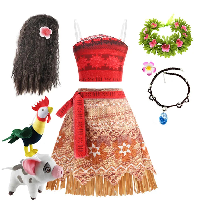 Girls Moana Princess Dress for Kids Carnival Cosplay Vaiana Costume Children Birthday Party Headwear Necklace Flower Clothes Set