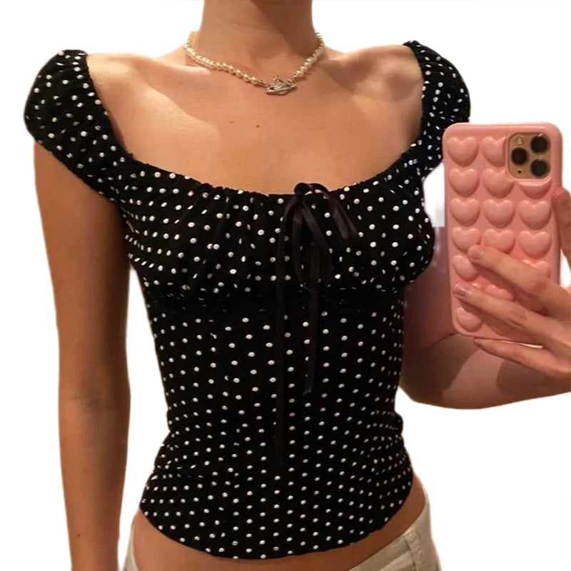 Polka Dot Milkmaid Baby Tees Coquette Vintage Cap Sleeve Crop Tops Teen Girl 2000s Retro Cute Suqare Collar T-shirt Y2k Clothes