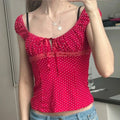 Polka Dot Milkmaid Baby Tees Coquette Vintage Cap Sleeve Crop Tops Teen Girl 2000s Retro Cute Suqare Collar T-shirt Y2k Clothes