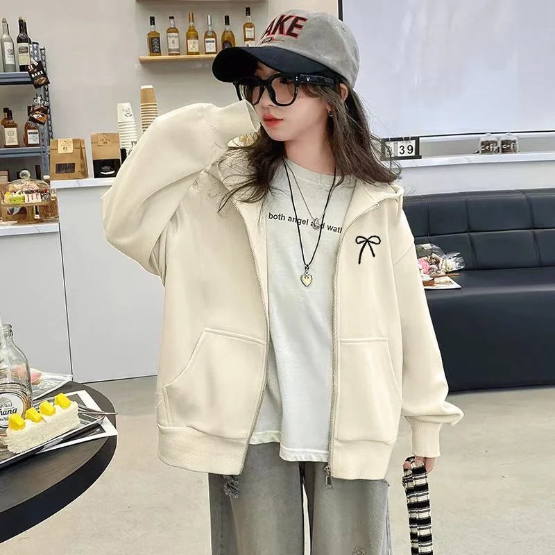 Girls Casual Jackets New Spring Sweatshirt Coats Autumn Kids Bow Print Thin Zipper Outerwear Teen Sport Clothes 5-14 Years