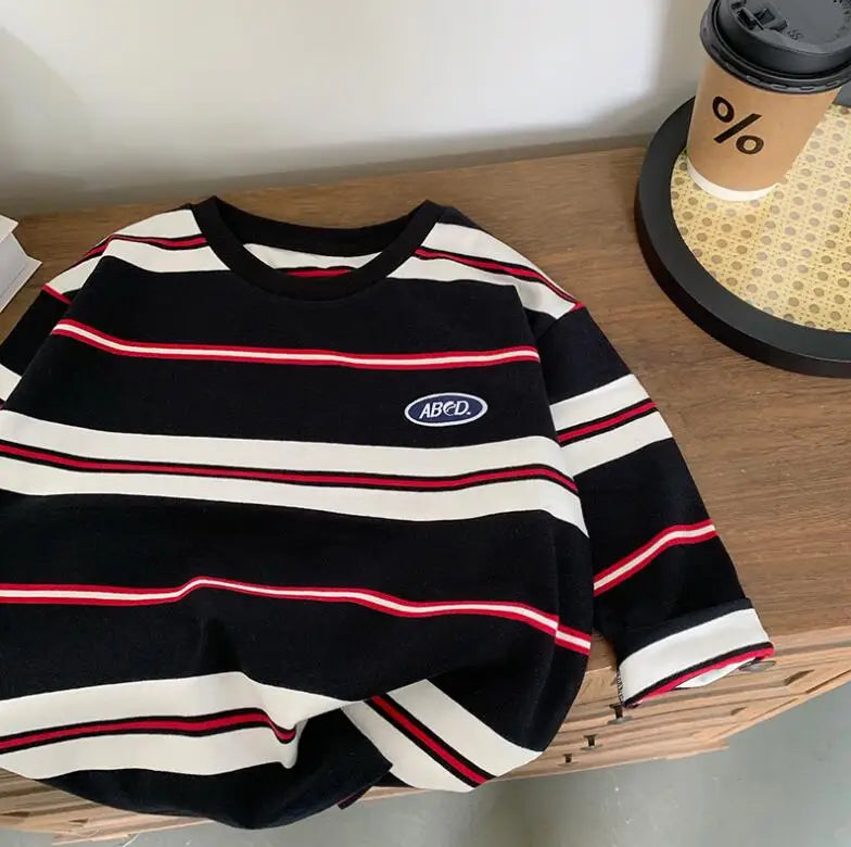 2025 autumn Children Clothes Girls Long Sleeves Bottoming Shirts Cool Boys Stripe Cotton T-shirt Teen Loose Casual 2-7y Kids Top
