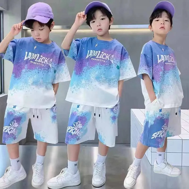 Boys Loose Casual Sets Summer Teen Gradient T-shirts+Shorts 2Pcs Big Kids Sport Short Sleeve Clothes Suits Children Print Outfit