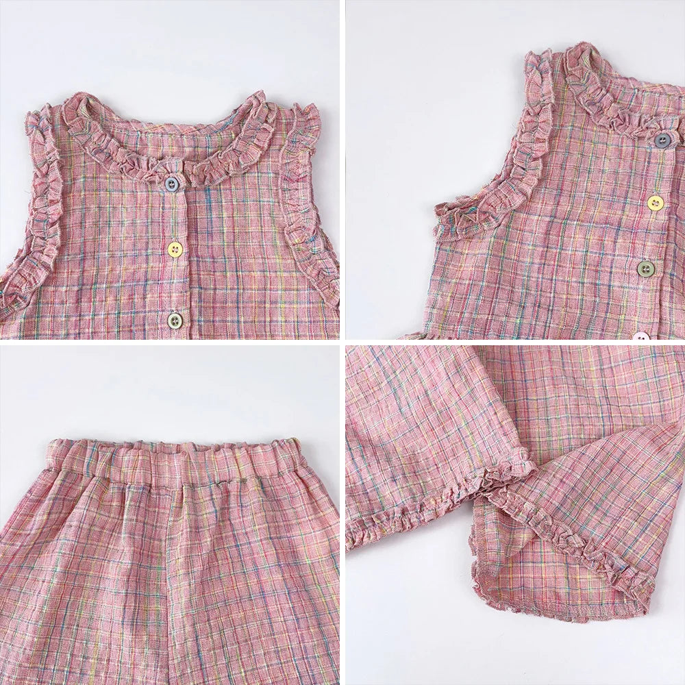 Pink Girl's Summer Two-piece Set with Single Breasted Sleeveless Top and Casual Pants, New Children's Sets Kids Clothes