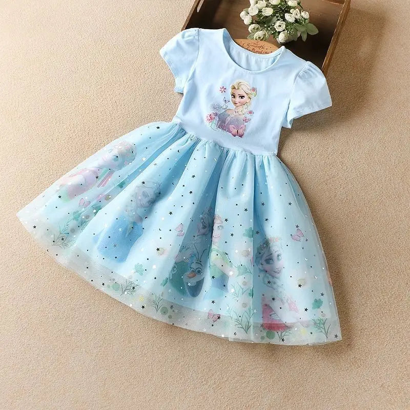 Girls Dress Cartoon Summer Frozen Fashion Children's Elsa Princess Baby Girl Toddler Short Sleeve Cute Party Dresses 3-9Y