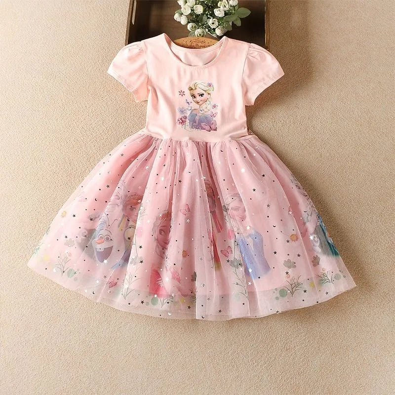 Girls Dress Cartoon Summer Frozen Fashion Children's Elsa Princess Baby Girl Toddler Short Sleeve Cute Party Dresses 3-9Y