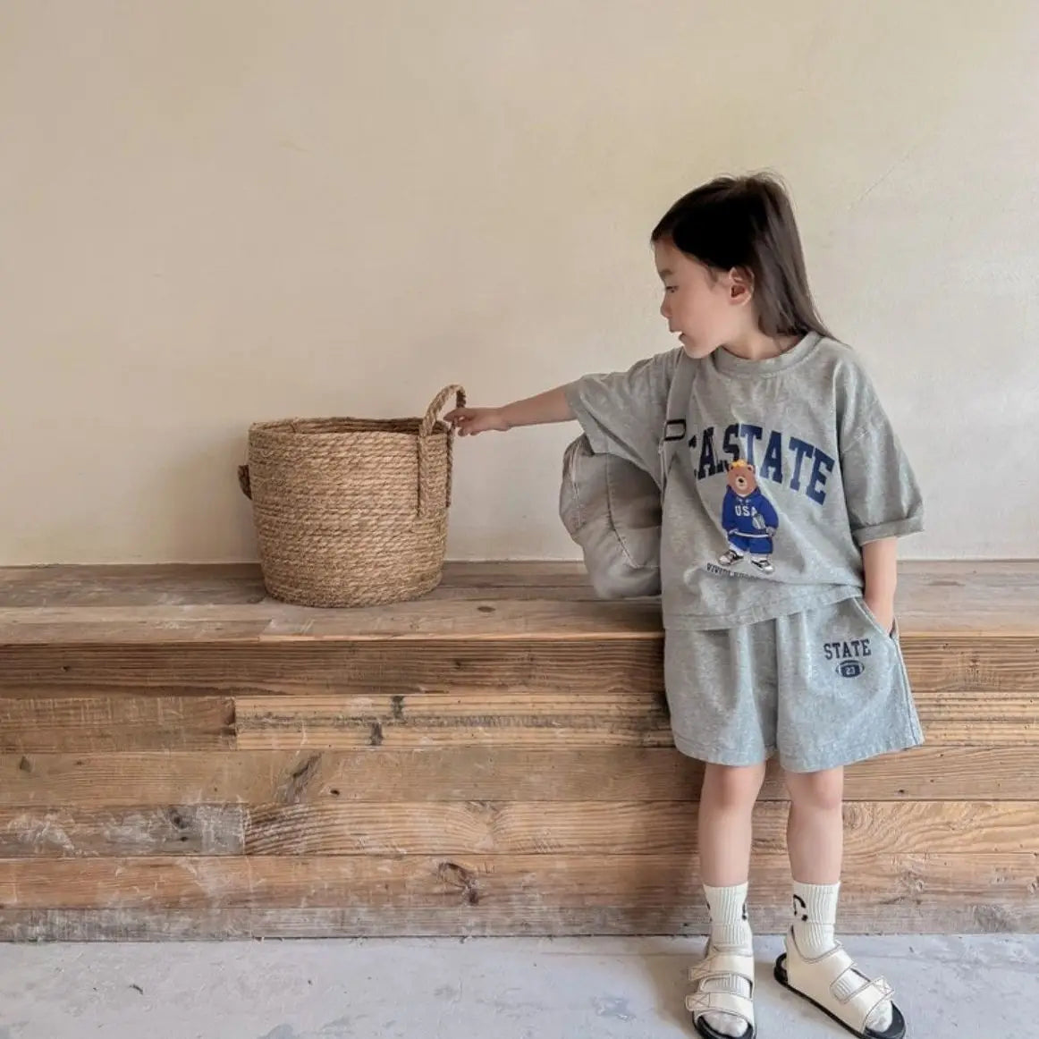 Summer Toddler Baby Girl Solid Cotton Clothes Short Sleeve Cartoon Bear Printed T-shirts and Shorts 2pcs Set Kid Boy Tracksuits