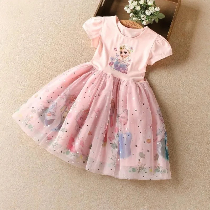 Girls Dress Cartoon Summer Frozen Fashion Children's Elsa Princess Baby Girl Toddler Short Sleeve Cute Party Dresses 3-9Y