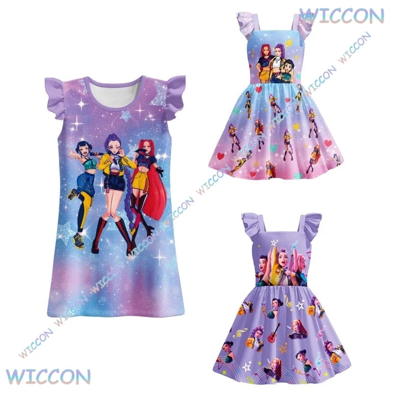 [MAGCOS]KPop Demon Hunters Clothes Kids New Summer Short Sleeve Dress Toddler Girls Casual Dresses Children Cartoon Nightgowns S