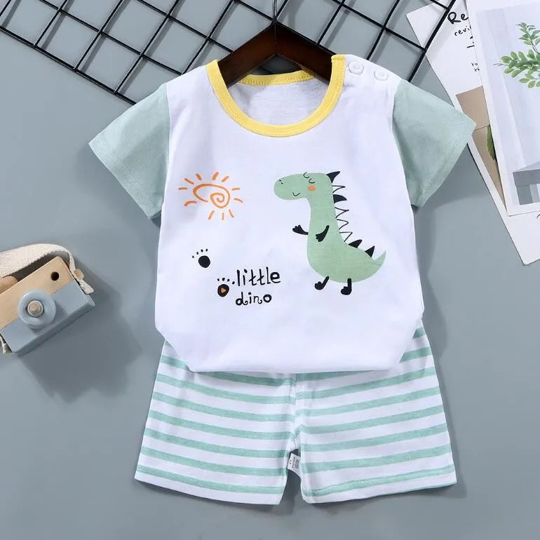 1-6 Years Kids Summer Tees+Stripe Shorts 2-piece Clothes Set Pajama Cotton Underwear Cartoon Zebra Dinosaur Print Sleepwear Suit
