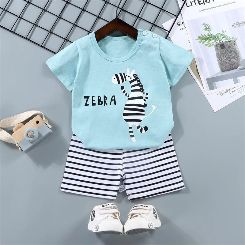 1-6 Years Kids Summer Tees+Stripe Shorts 2-piece Clothes Set Pajama Cotton Underwear Cartoon Zebra Dinosaur Print Sleepwear Suit