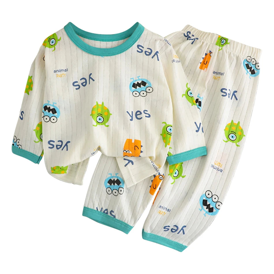 Summer Kids Cotton Long Sleeve and Pants Pajamas Set Soft Breathable Baby Sleepwear Cartoon Bear AC Room Wear Boys Girls Clothes