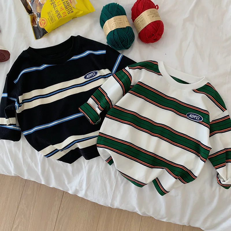 2025 autumn Children Clothes Girls Long Sleeves Bottoming Shirts Cool Boys Stripe Cotton T-shirt Teen Loose Casual 2-7y Kids Top