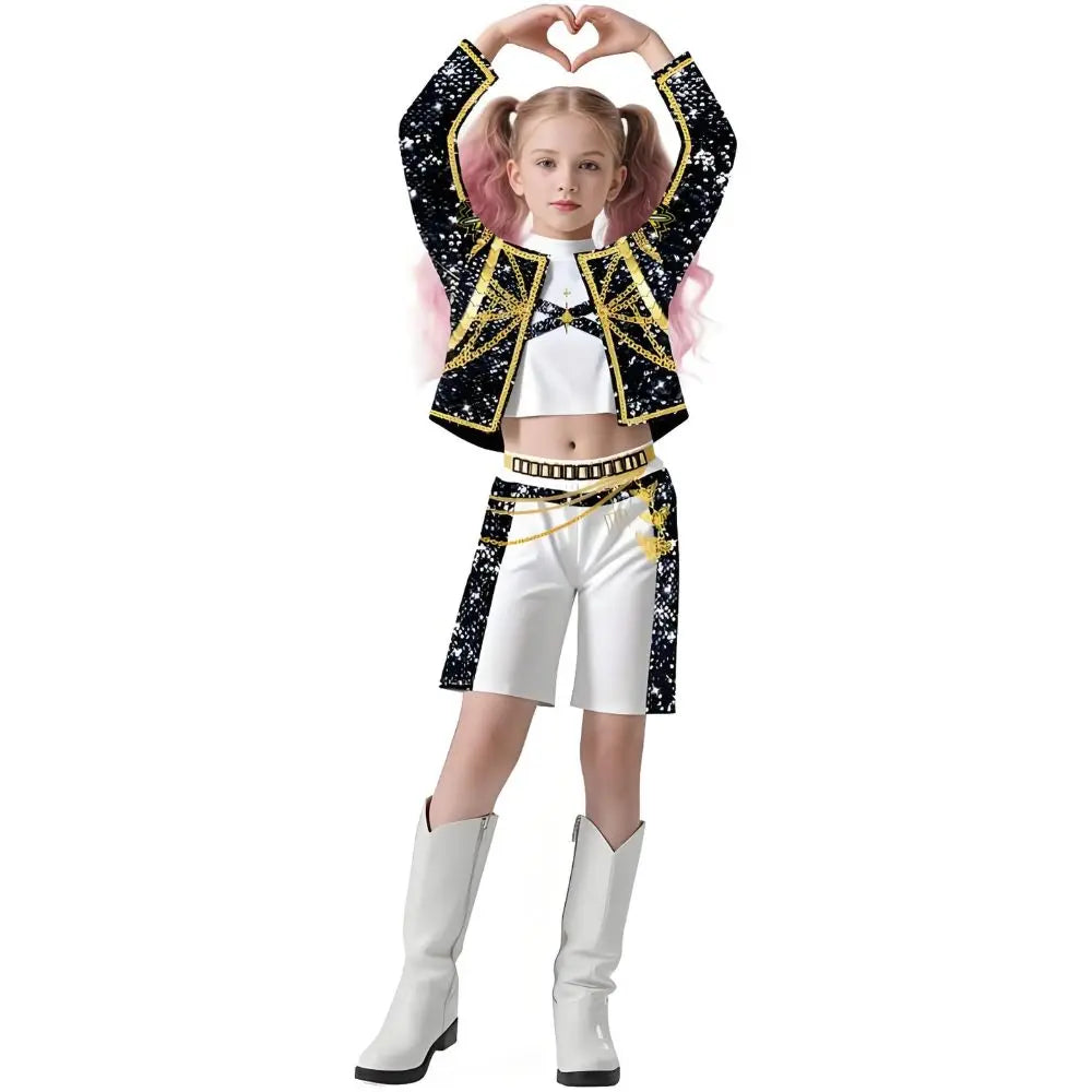 Kids Girls Kpop Rumi Zoey Mira Demon Hunters Cosplay Costume Disguise for Child Printed Clothes Roleplay Halloween Carnival Suit
