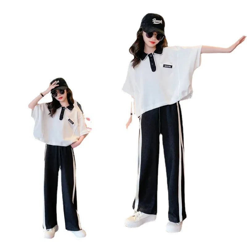 2025 summer autumn Girls clothes children set Kids loose t-shirt top and bottom striped wide leg pant 4 8 10 14 15 years teens