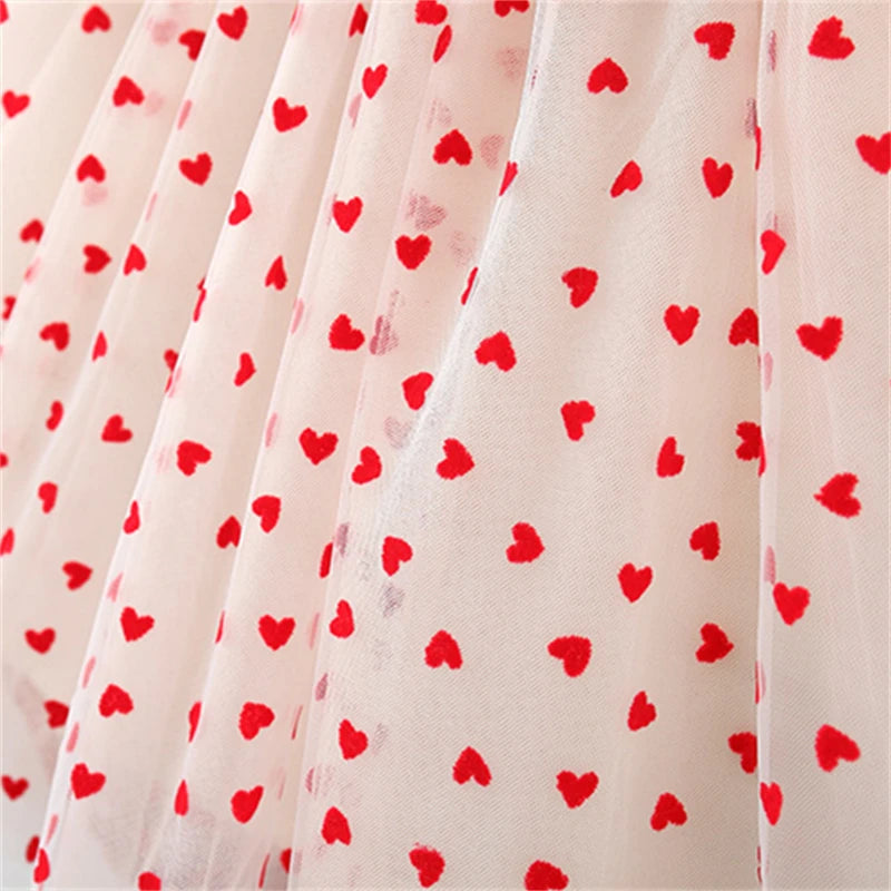 Baby Girl Red Dress Heart Embroidered Mesh Bow Tutu Dress Kids Birthday Party Clothes
