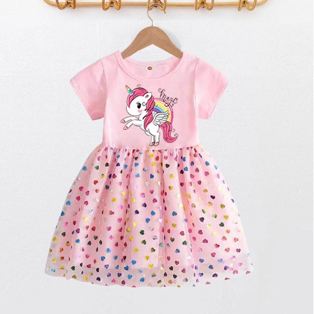 2026 New Kids Clothes Summer Girls Dress Short sleeves Princess Dress For Children Baby Birthday Party Clothing Unicorn Clothing