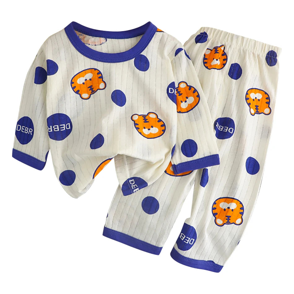 Summer Kids Cotton Long Sleeve and Pants Pajamas Set Soft Breathable Baby Sleepwear Cartoon Bear AC Room Wear Boys Girls Clothes