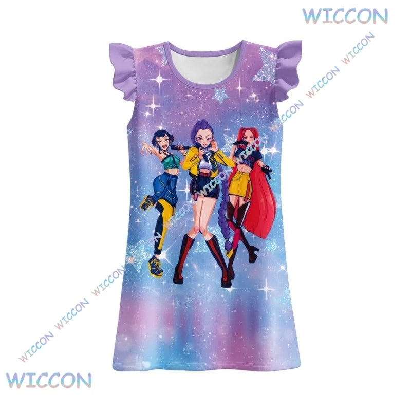 [MAGCOS]KPop Demon Hunters Clothes Kids New Summer Short Sleeve Dress Toddler Girls Casual Dresses Children Cartoon Nightgowns S