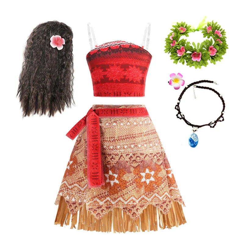 Girls Moana Princess Dress for Kids Carnival Cosplay Vaiana Costume Children Birthday Party Headwear Necklace Flower Clothes Set