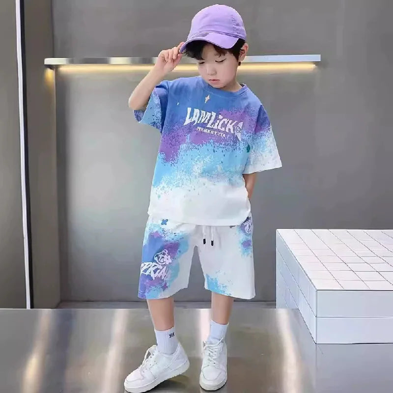 Boys Loose Casual Sets Summer Teen Gradient T-shirts+Shorts 2Pcs Big Kids Sport Short Sleeve Clothes Suits Children Print Outfit