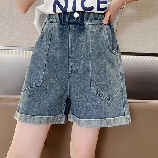 2025 Summer Teen Girls Denim Shorts Clothes New Arrival Kids Child Elastic Waist Fashion Pocket Design Shorts Age 5-14 Years Old