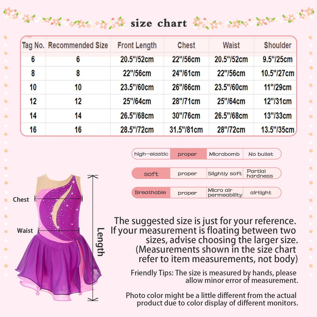 Girls Sleeveless Chiffon Figure Skating Dress Shiny Rhinestone Ballet Gymnastics Dance Leotard Performance Competition Costume