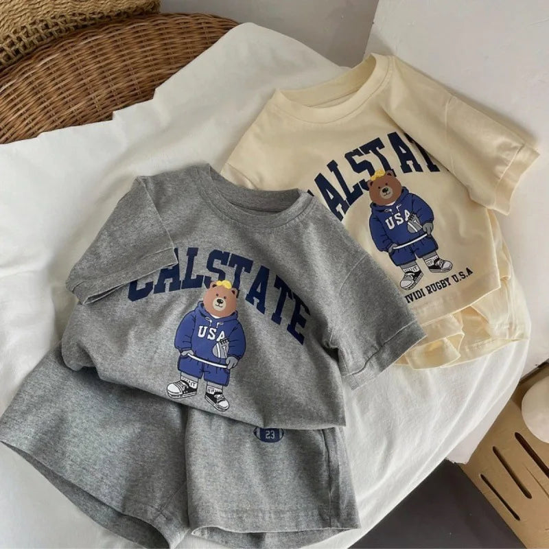 Summer Toddler Baby Girl Solid Cotton Clothes Short Sleeve Cartoon Bear Printed T-shirts and Shorts 2pcs Set Kid Boy Tracksuits