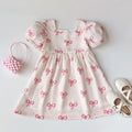 Bear Leader Summer Short Sleeved Girls Casual Dresses Pink Bow Print Square Neck Sweet Princess Dress Daily Simple Kids Clothes
