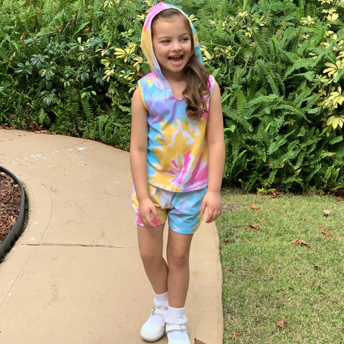 AnnLoren Girls Candy Pastel Tie Dye Cotton Hoodie Tank and Shorts Set