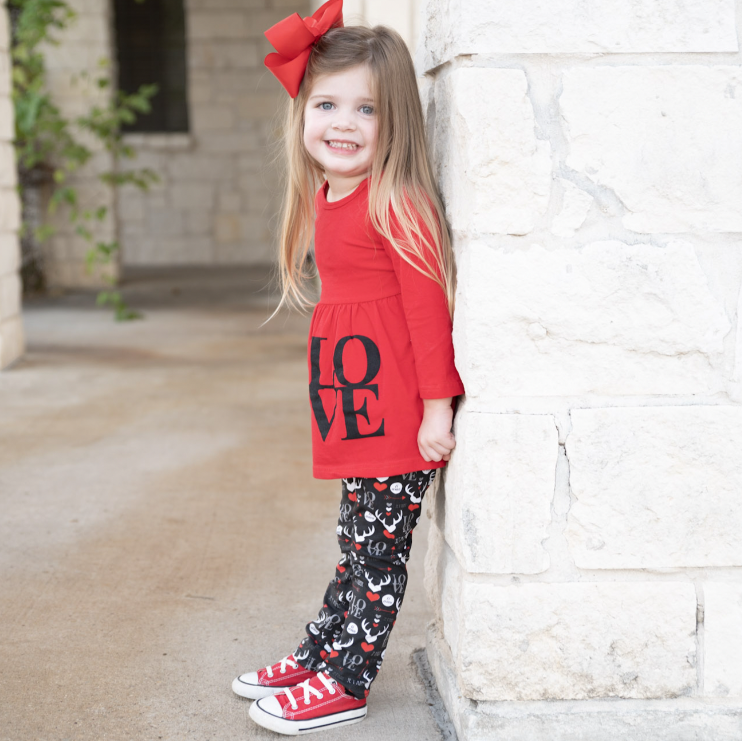 Girls Valentine's Day LOVE Red Long Sleeve Tunic Leggings & Scarf