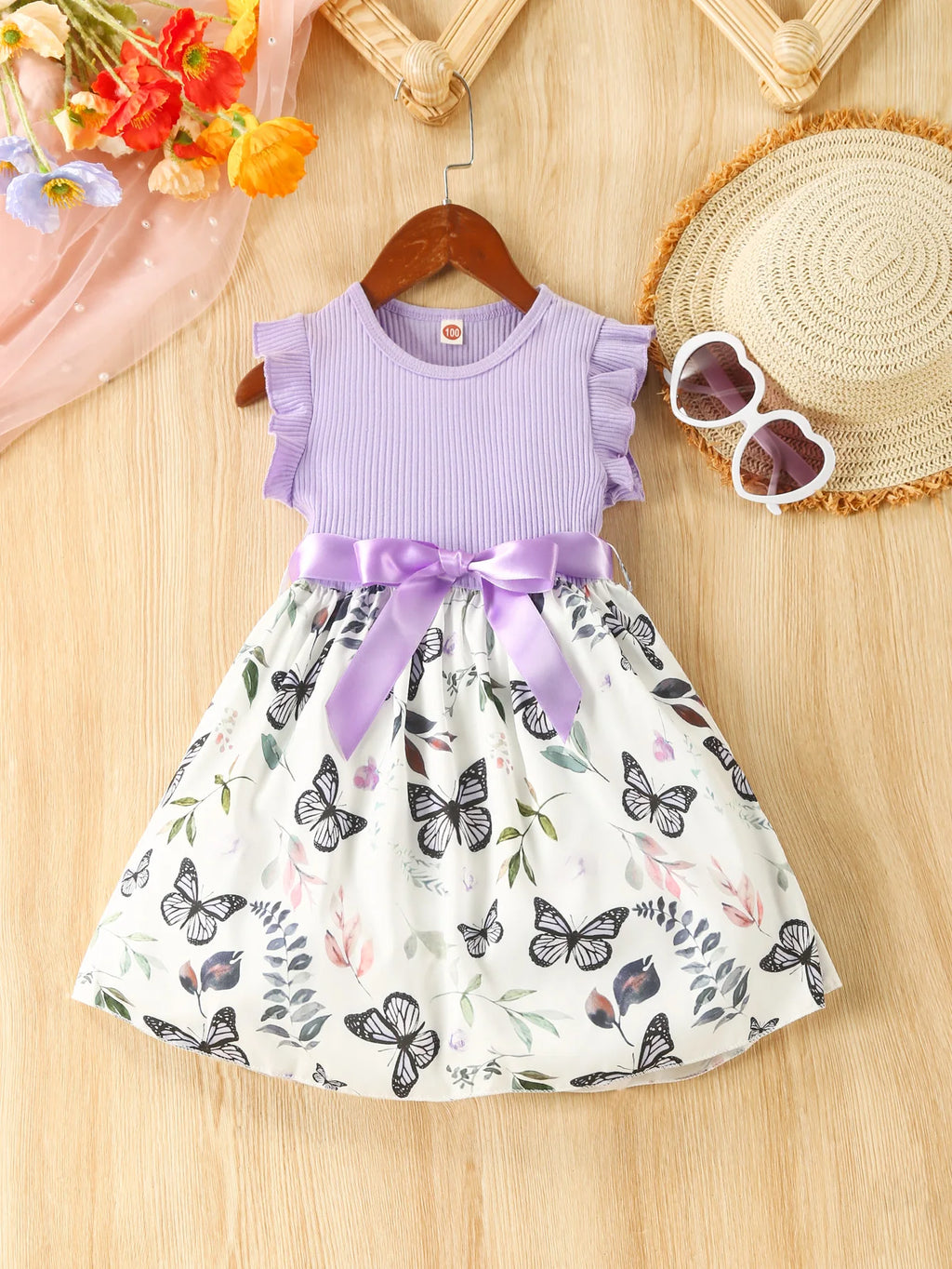 Girls 3-7 Years Old Summer Sweet Casual Ruffled Butterfly Flower Print